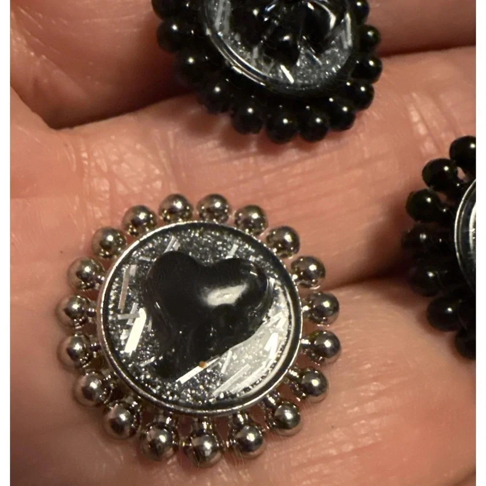 Vintage Incredible Rare GlassPainted Shank Buttons-Heart,Bow&Cross-Black/Silver